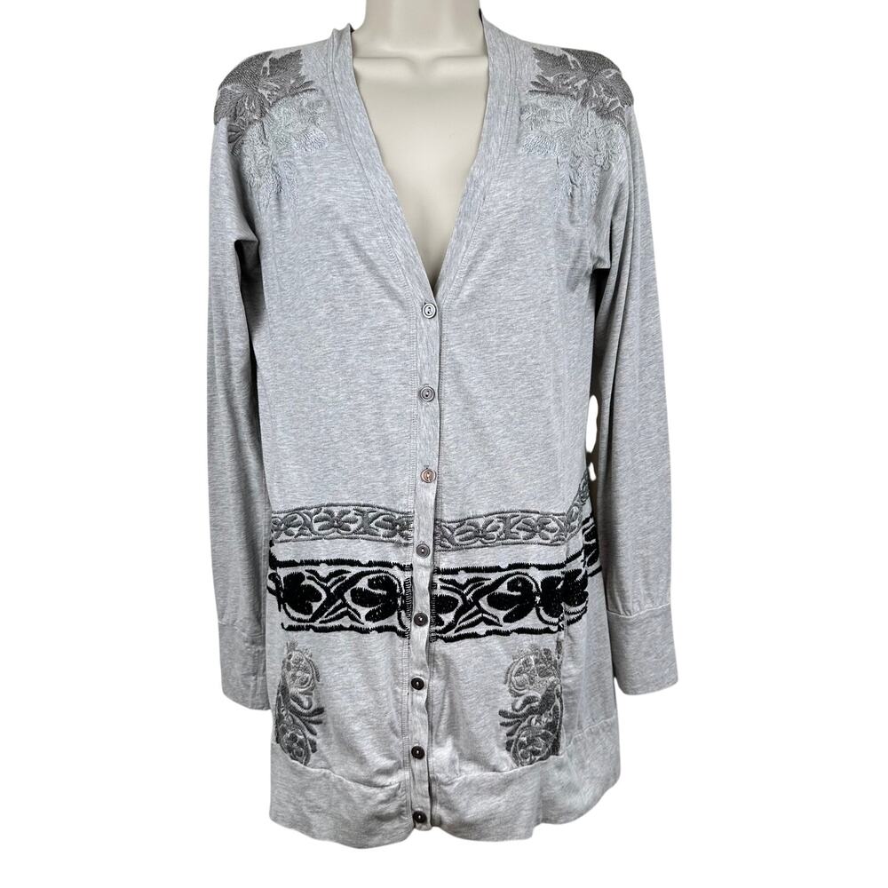 Johnny Was Button Front Cardigan Embroidered Cotton Knit Floral Gray Small Boho